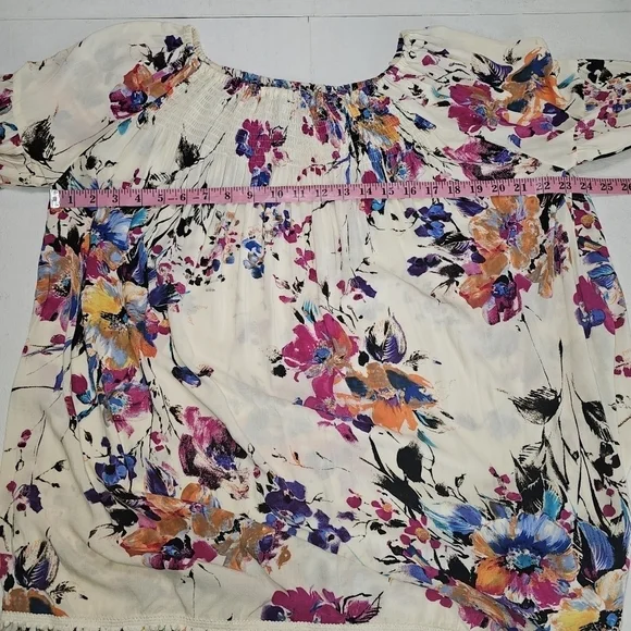 Jodifl, Pom Pom Fringe Tassel, Floral Smocked Draped Watercolor Boho Top large - Picture 12 of 12